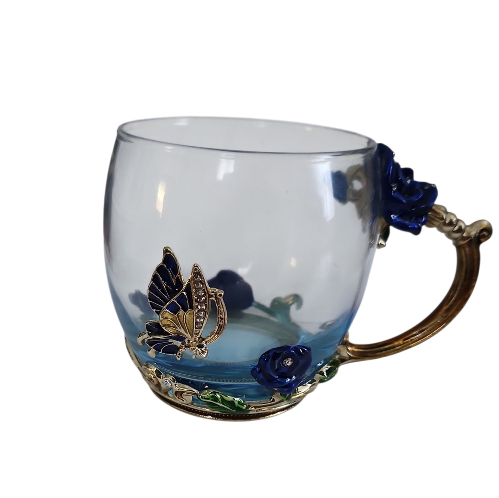 Elegant Blue Butterfly Glass Tea Mug